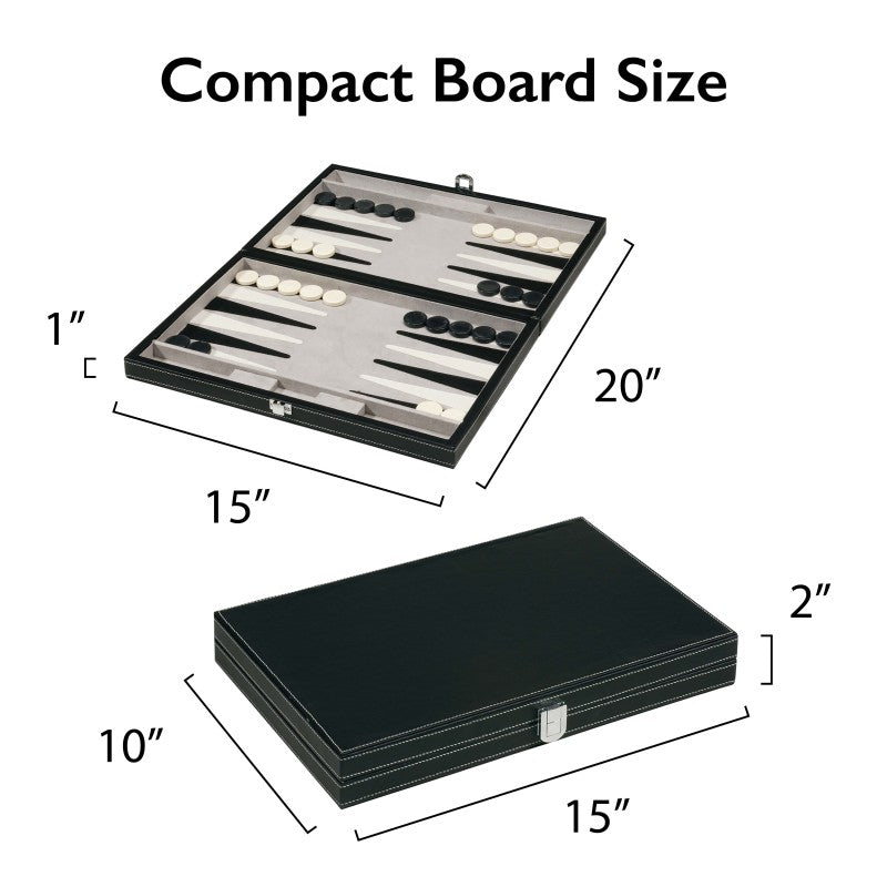 Black leatherette 15-inch travel backgammon set with felt lining, weighted pieces, and matching dice cups — view 3
