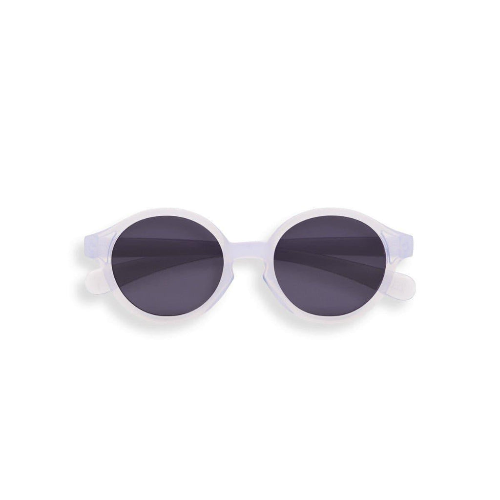 Translucent purple Izipizi baby sunglasses with flexible arms and removable silicone strap for infants.