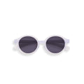 Translucent purple Izipizi baby sunglasses with flexible arms and removable silicone strap for infants.