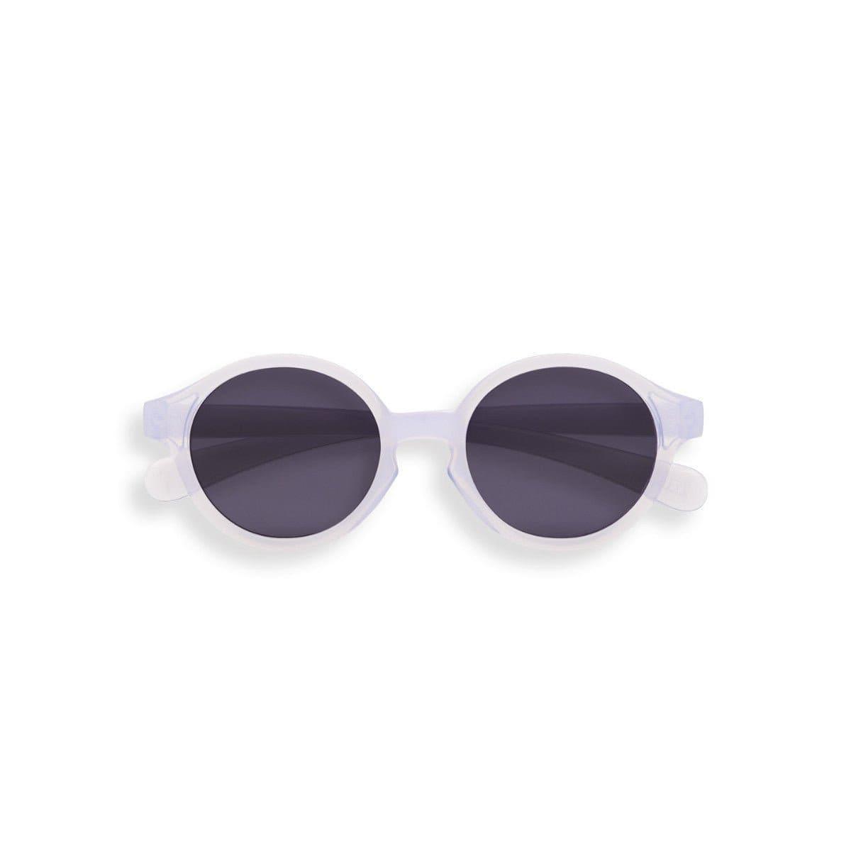 Translucent purple Izipizi baby sunglasses with flexible arms and removable silicone strap for infants.