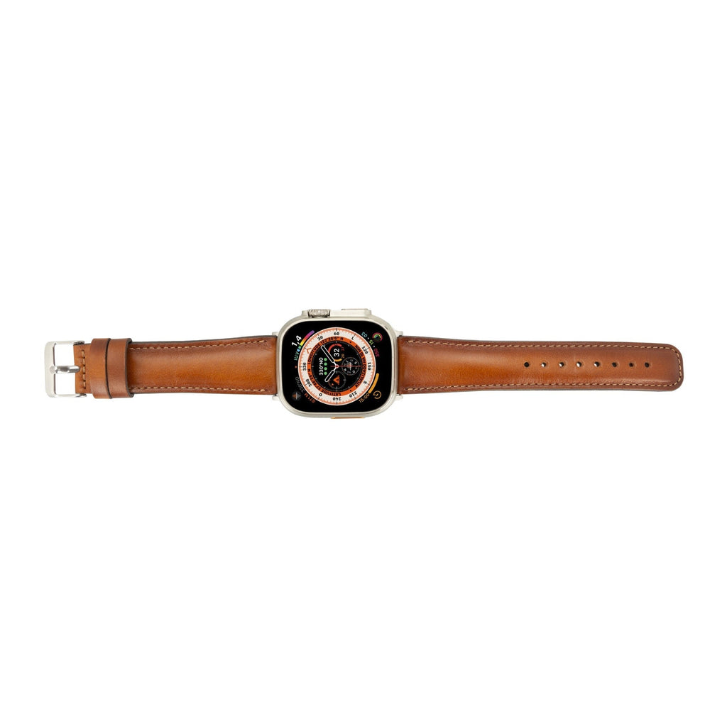 Premium genuine leather Apple Watch band with classic stitching and secure metal attachment hardware — view 3