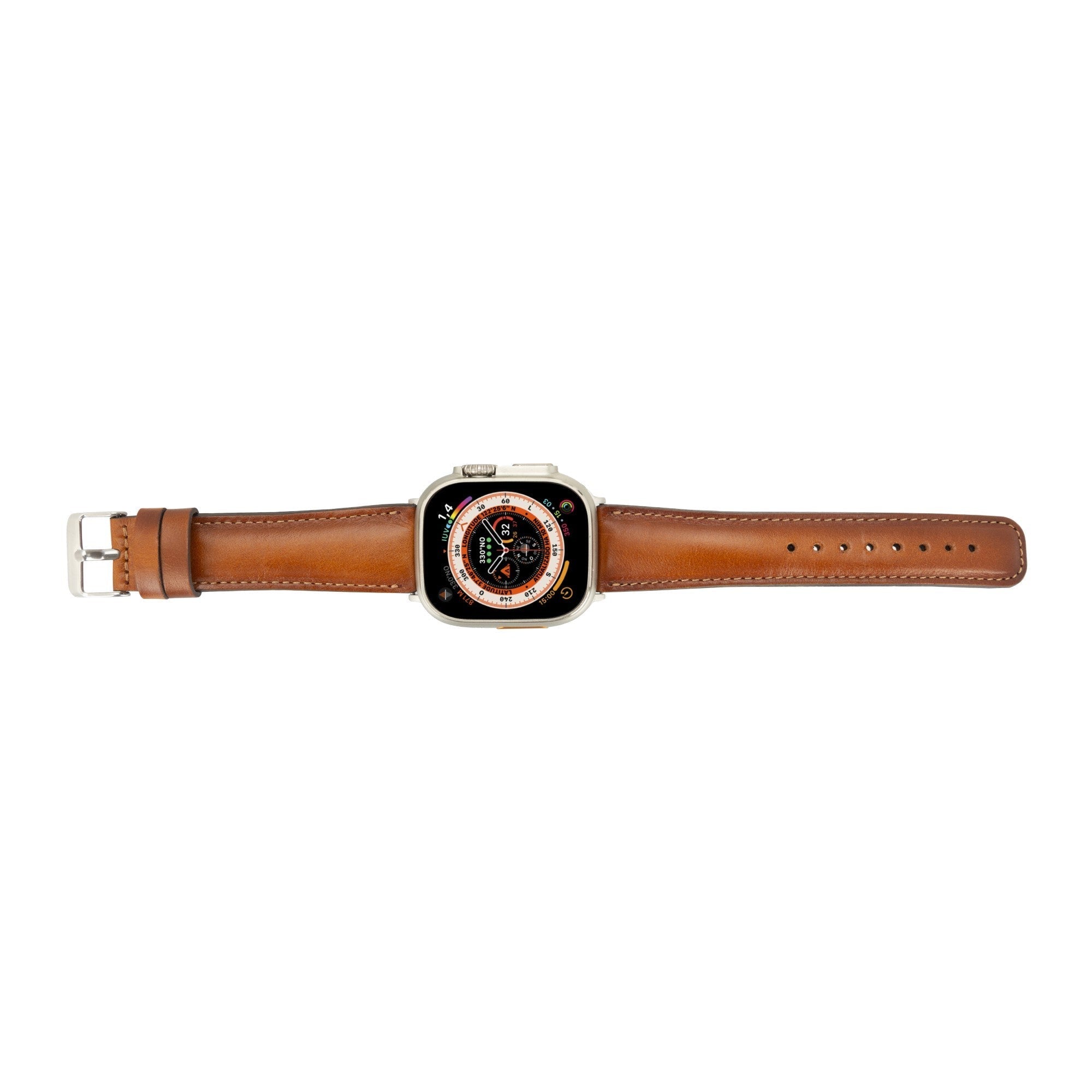 Premium genuine leather Apple Watch band with classic stitching and secure metal attachment hardware — view 3