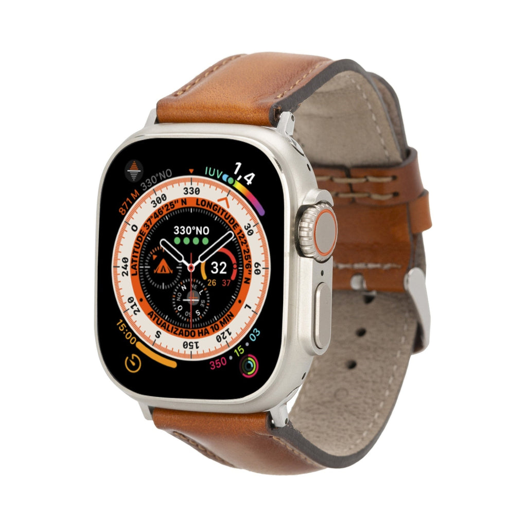 Premium genuine leather Apple Watch band with classic stitching and secure metal attachment hardware
