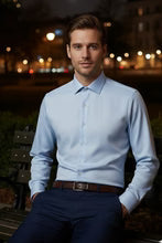 Jamison blue cotton twill men's dress shirt with a medium spread collar and mitered cuffs — view 2