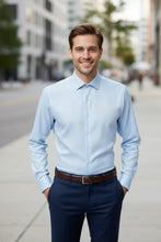 Jamison blue cotton twill men's dress shirt with a medium spread collar and mitered cuffs — view 3