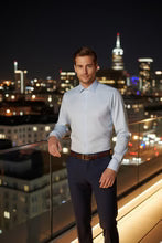 Jamison blue cotton twill men's dress shirt with a medium spread collar and mitered cuffs