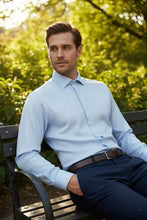 Jamison blue cotton twill men's dress shirt with a medium spread collar and mitered cuffs — view 4