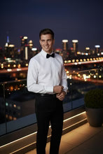 Jamison white twill dress shirt with medium spread collar and mitered cuffs