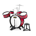 Burgundy toy drum set with matching chair and drumsticks designed for children