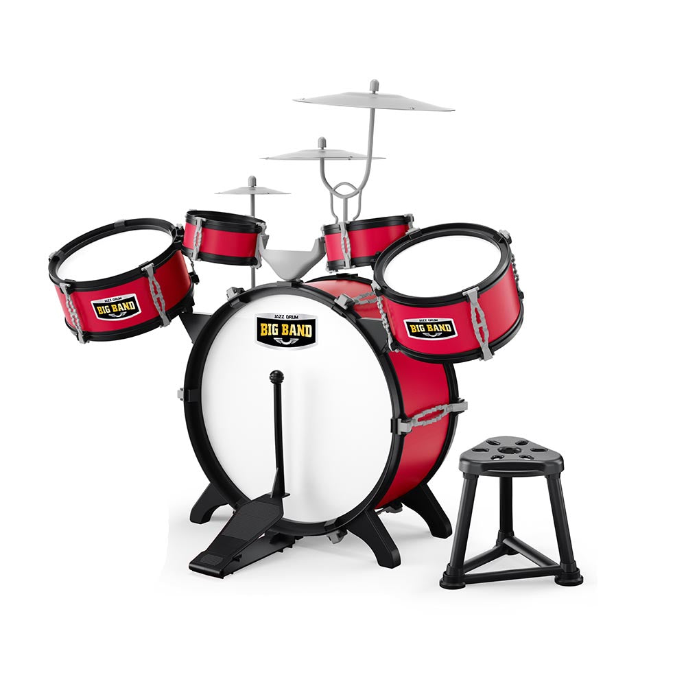 Burgundy toy drum set with matching chair and drumsticks designed for children