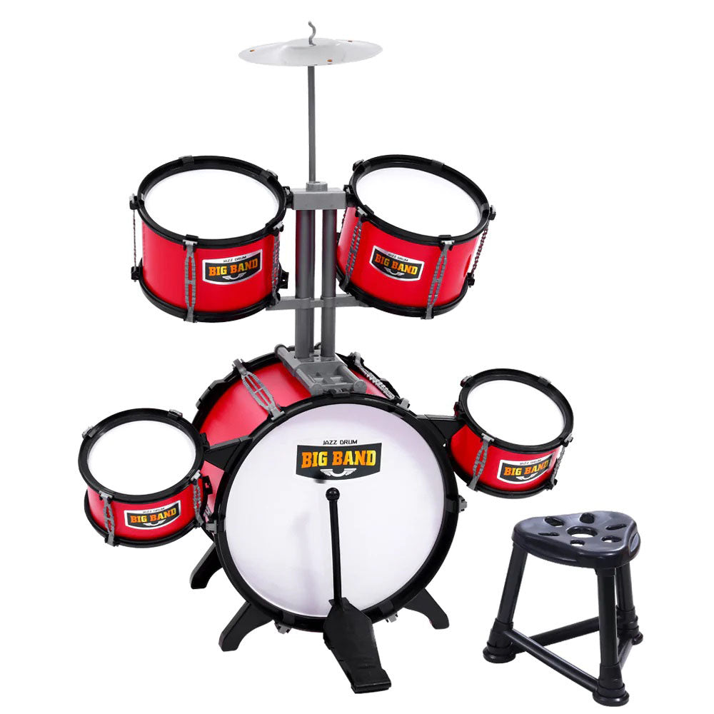 Burgundy toy drum set with matching chair and drumsticks designed for children — view 3