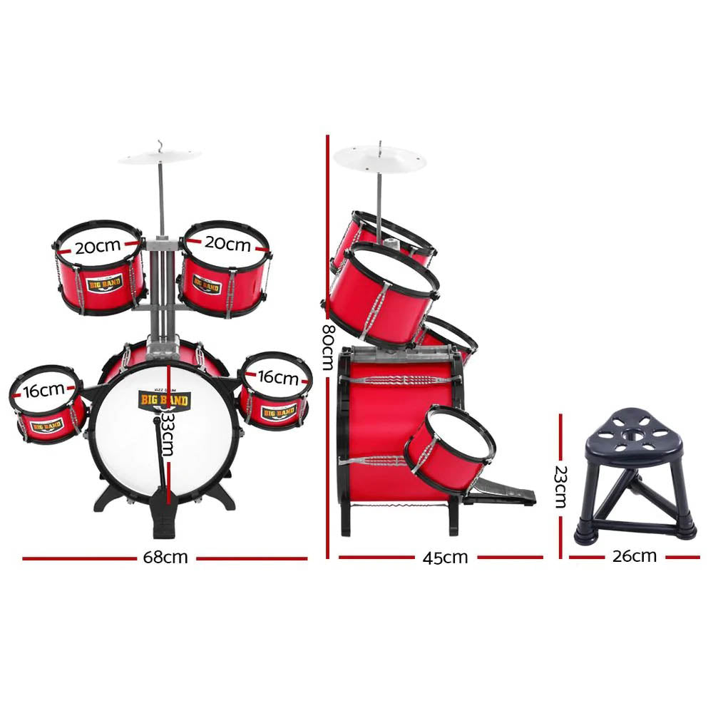 Burgundy toy drum set with matching chair and drumsticks designed for children — view 4