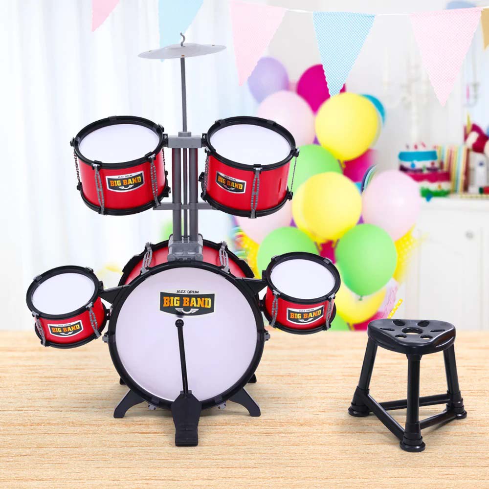 Burgundy toy drum set with matching chair and drumsticks designed for children — view 2
