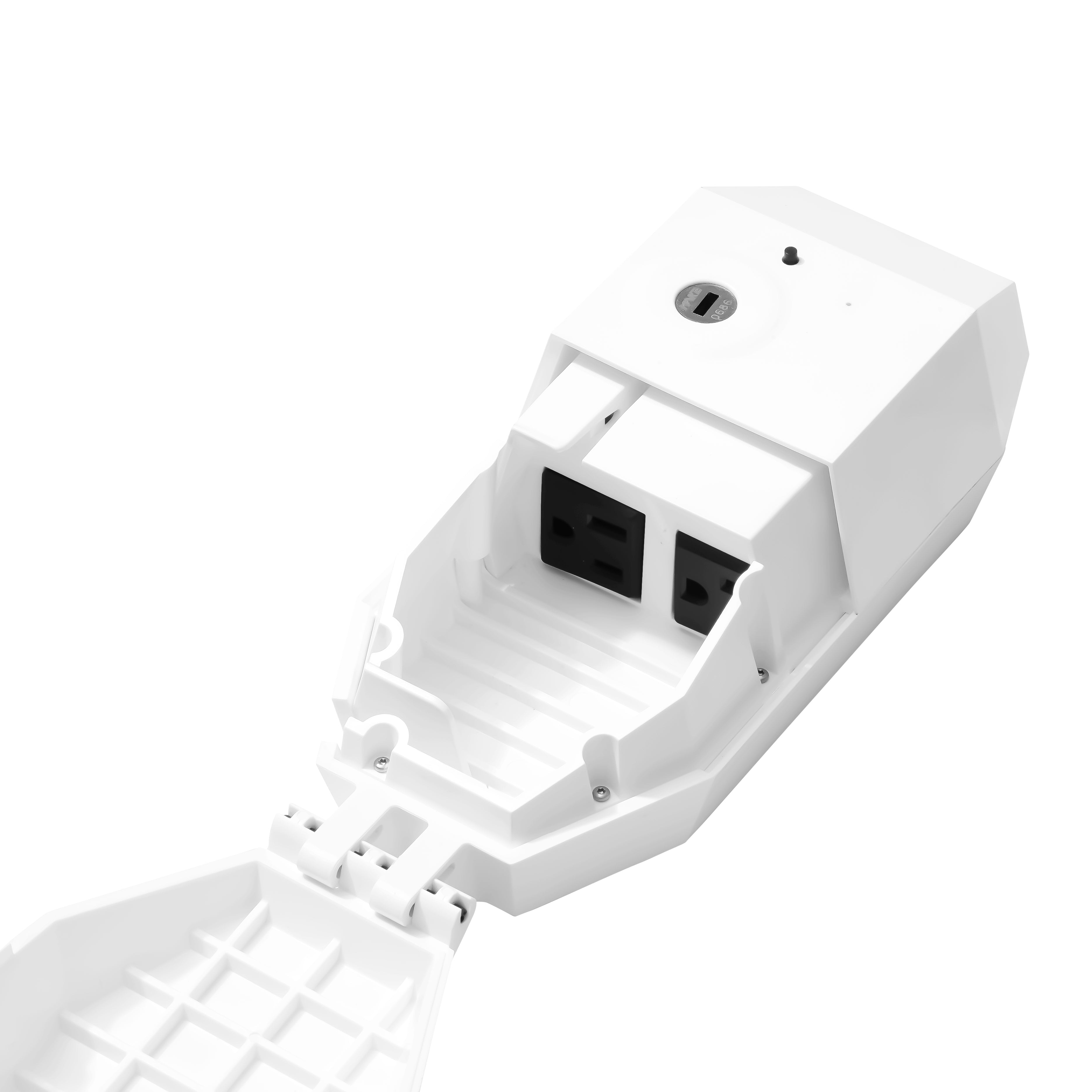 Parental control locking smart plug device and case securing two electronic power cords — view 3
