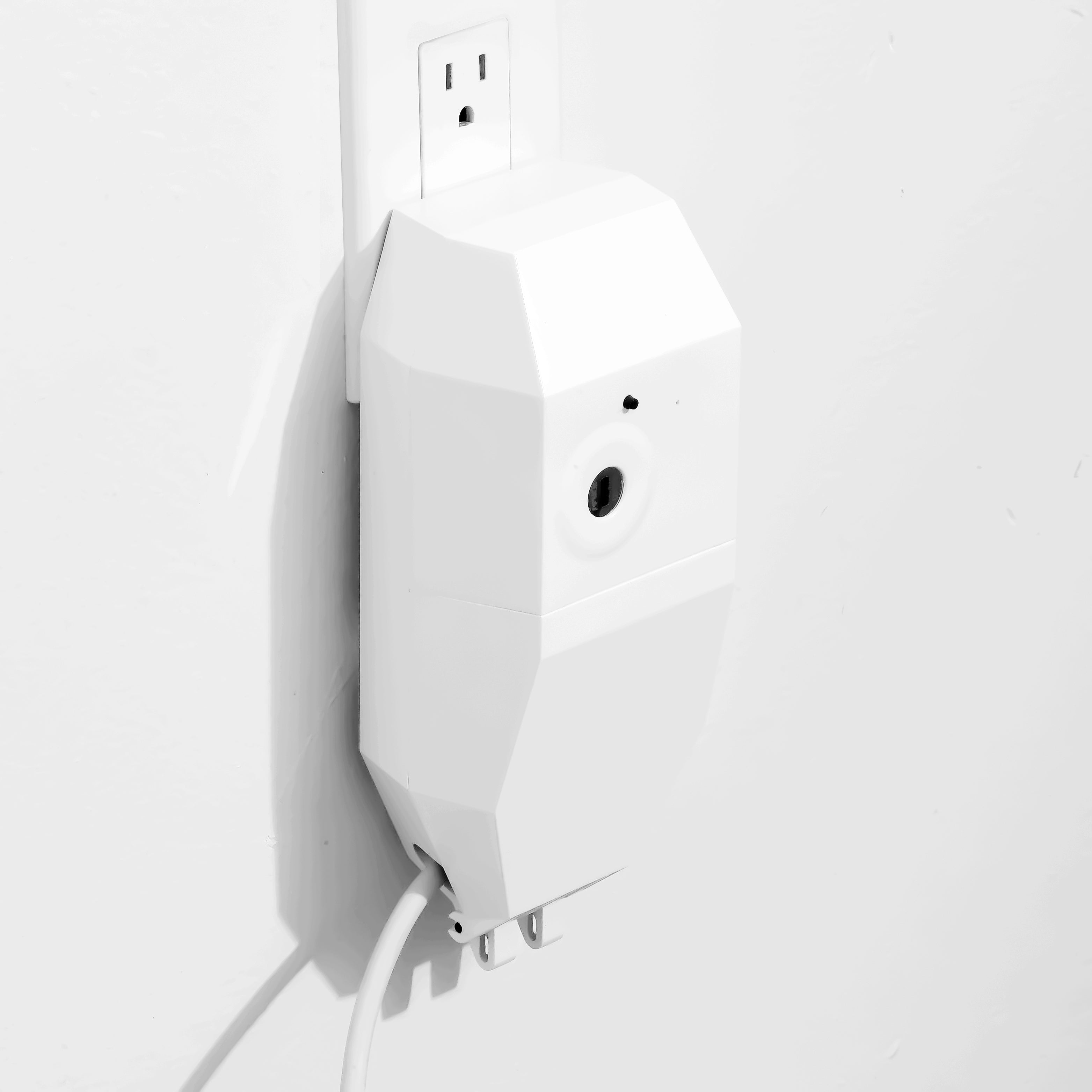 Parental control locking smart plug device and case securing two electronic power cords — view 2