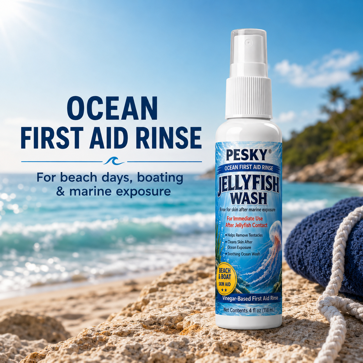 PESKY Jellyfish Wash spray bottle, vinegar based ocean first aid rinse for marine stings — view 2