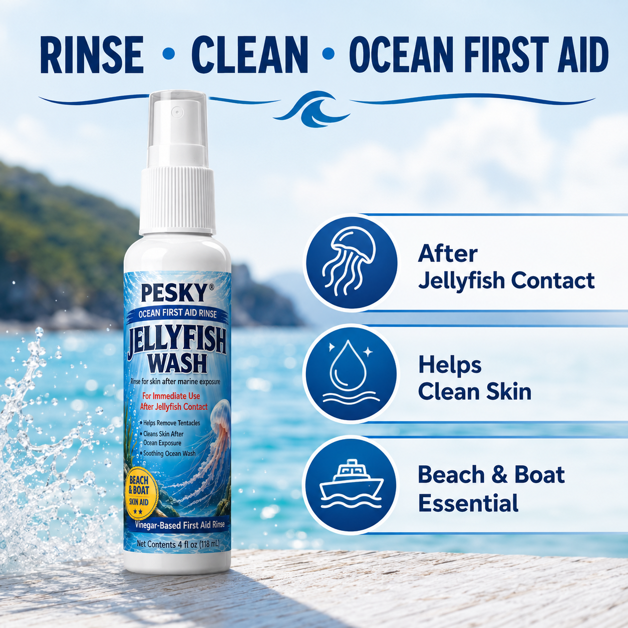 PESKY Jellyfish Wash spray bottle, vinegar based ocean first aid rinse for marine stings — view 3