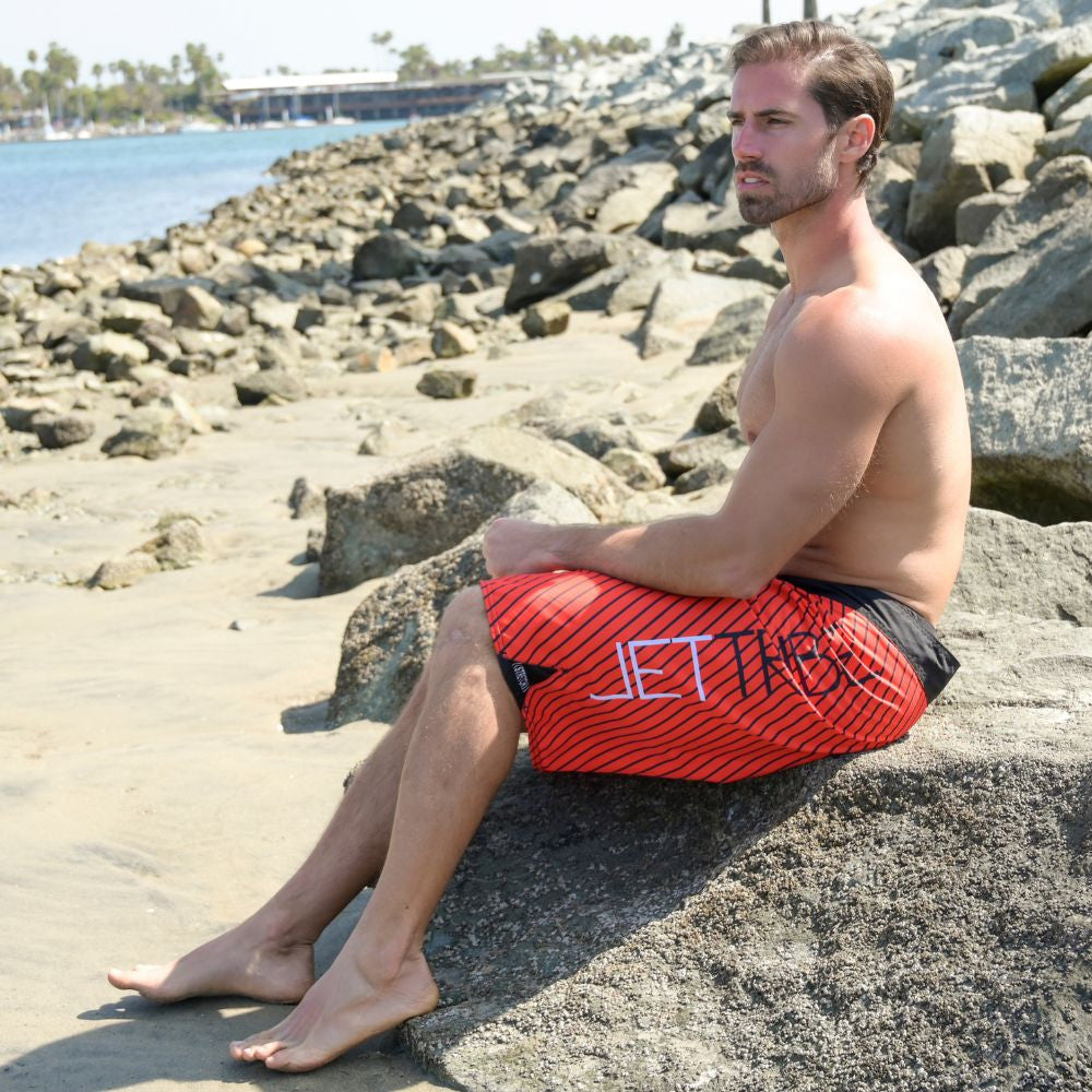 Red Circuit men's board shorts with side cargo pocket and white drawstring for watersports — view 3
