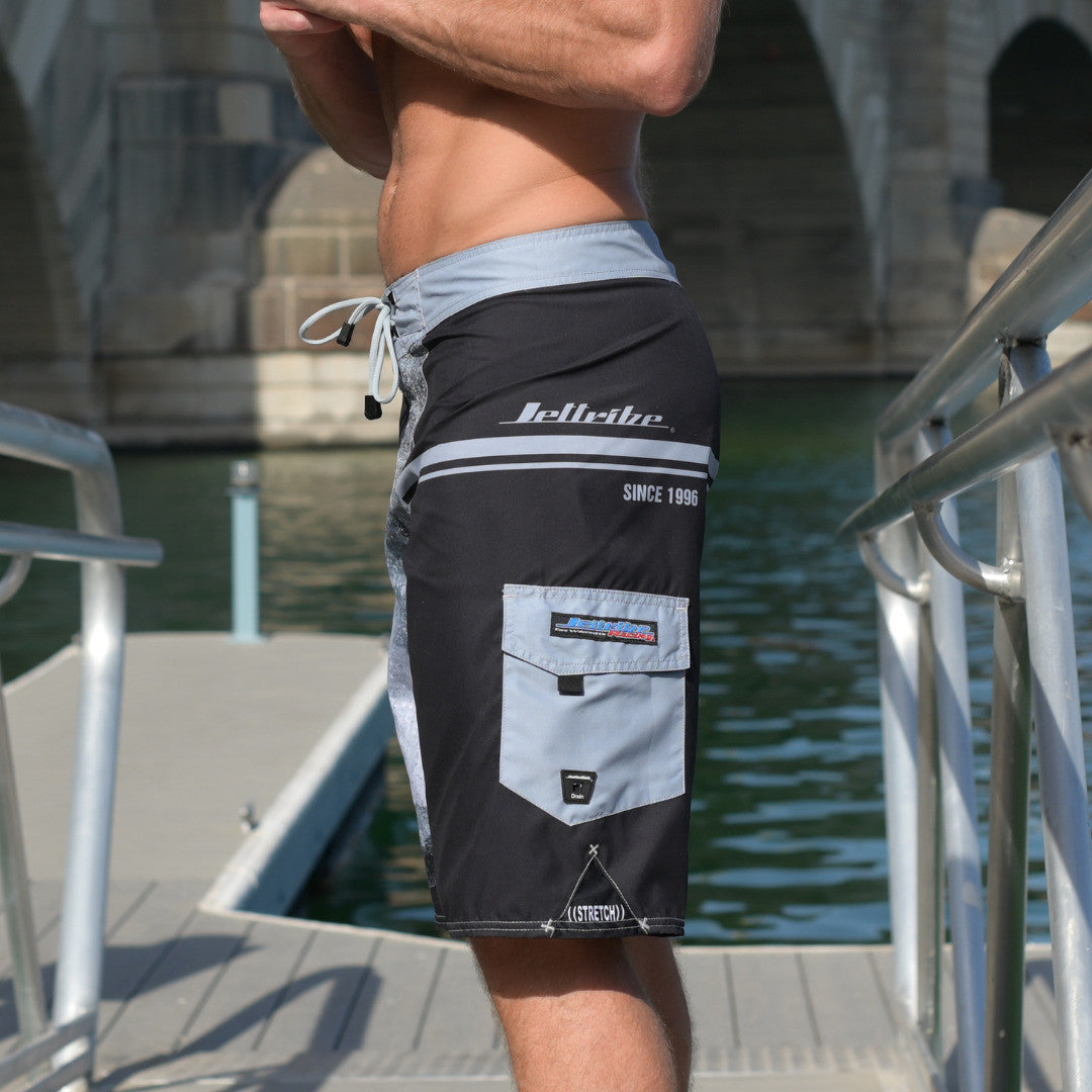 Men's heavy-duty quick dry board shorts with cargo pocket and sit down PWC racer graphic — view 2