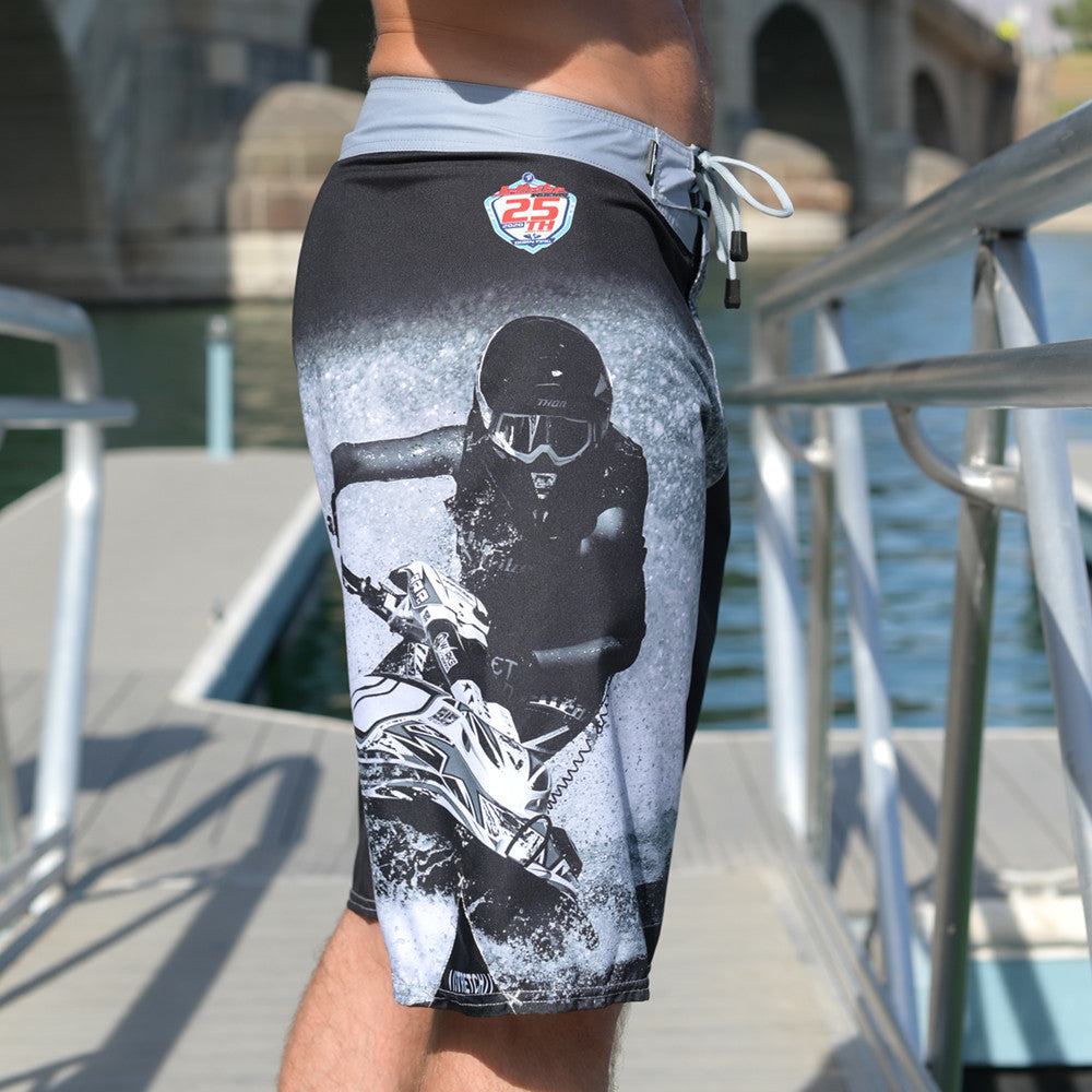 Heat Two Men's board shorts with quick-dry fabric, stand-up PWC racer graphic, and side cargo pocket. — view 4