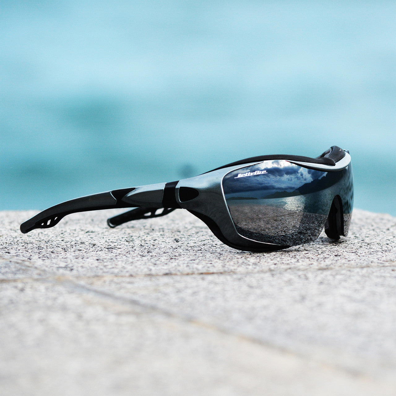Storm trooper hybrid jetski goggles in black and aluminum frame with smoke tinted revo lenses