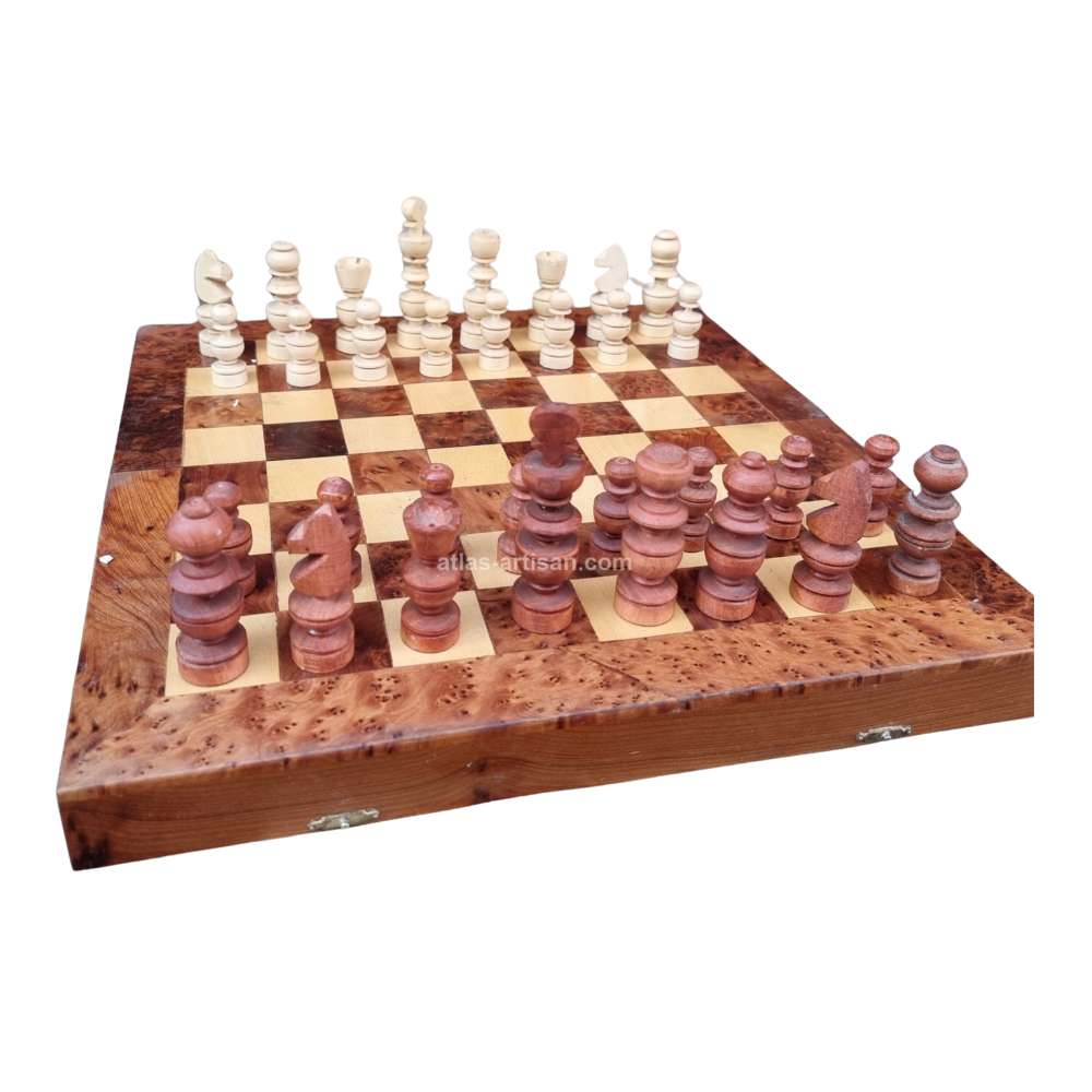 Premium handcrafted thuya wood chess set with polished folding board and carved wooden pieces