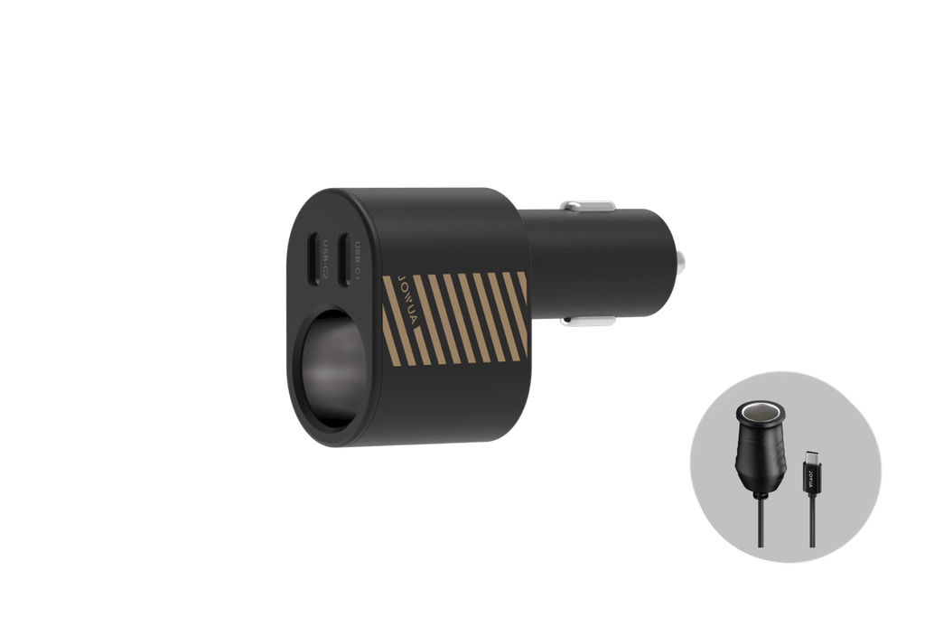 3 in 1 Type-C car charger device with triple power outputs and sleek black casing