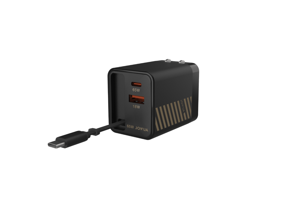 Black 65W GaN fast charger with built-in retractable USB C cable and extra ports — view 2