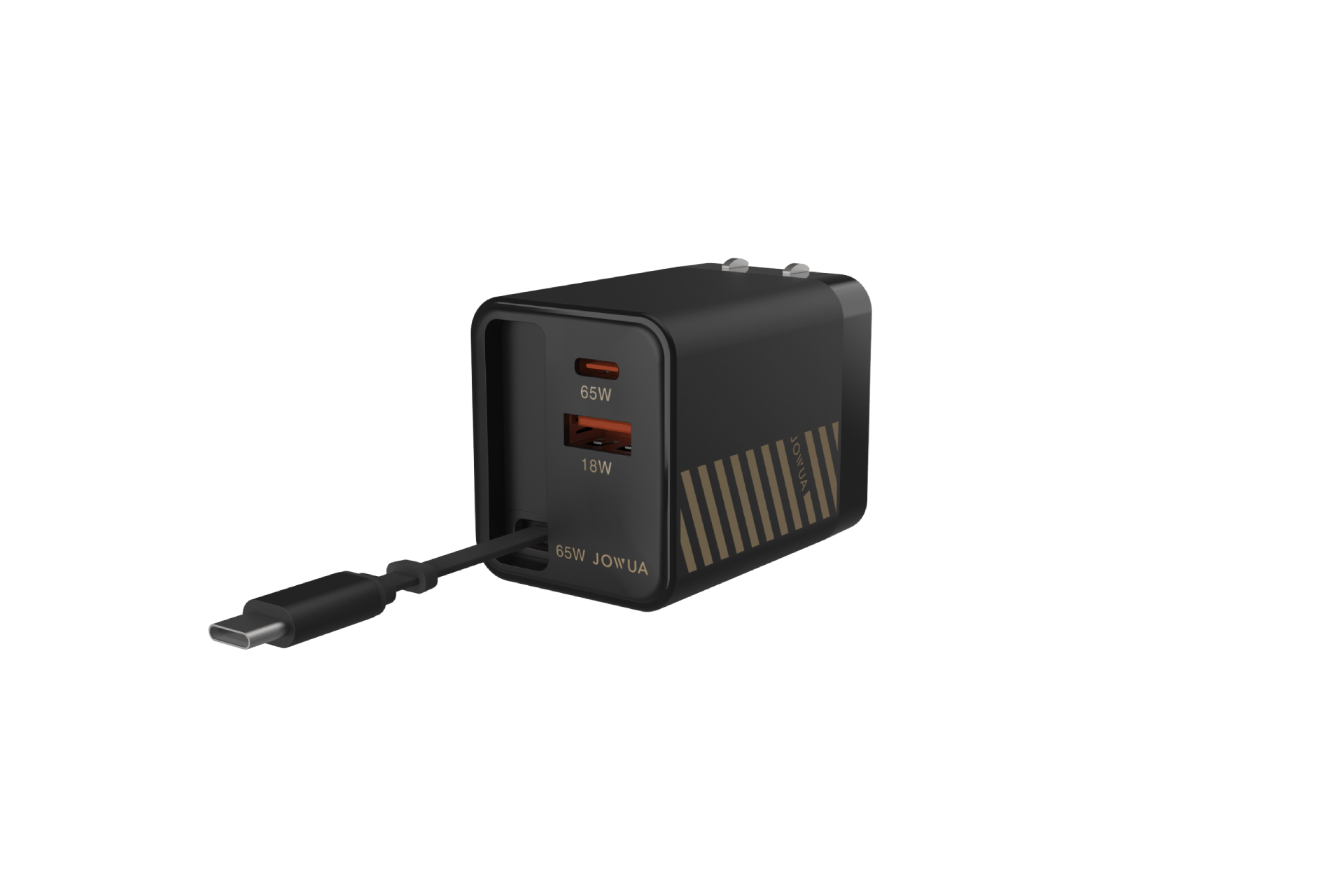Black 65W GaN fast charger with built-in retractable USB C cable and extra ports — view 2