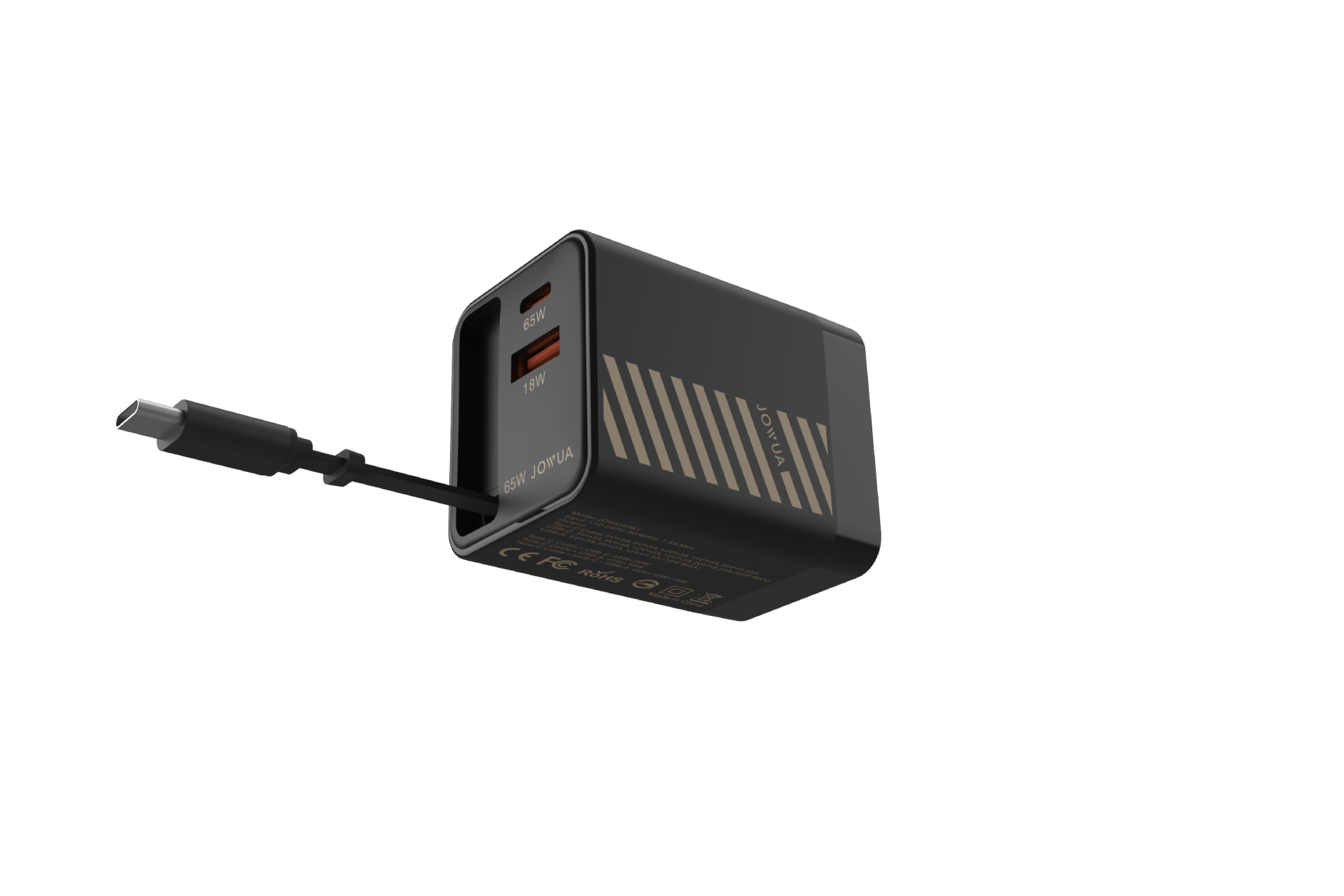 Black 65W GaN fast charger with built-in retractable USB C cable and extra ports — view 3