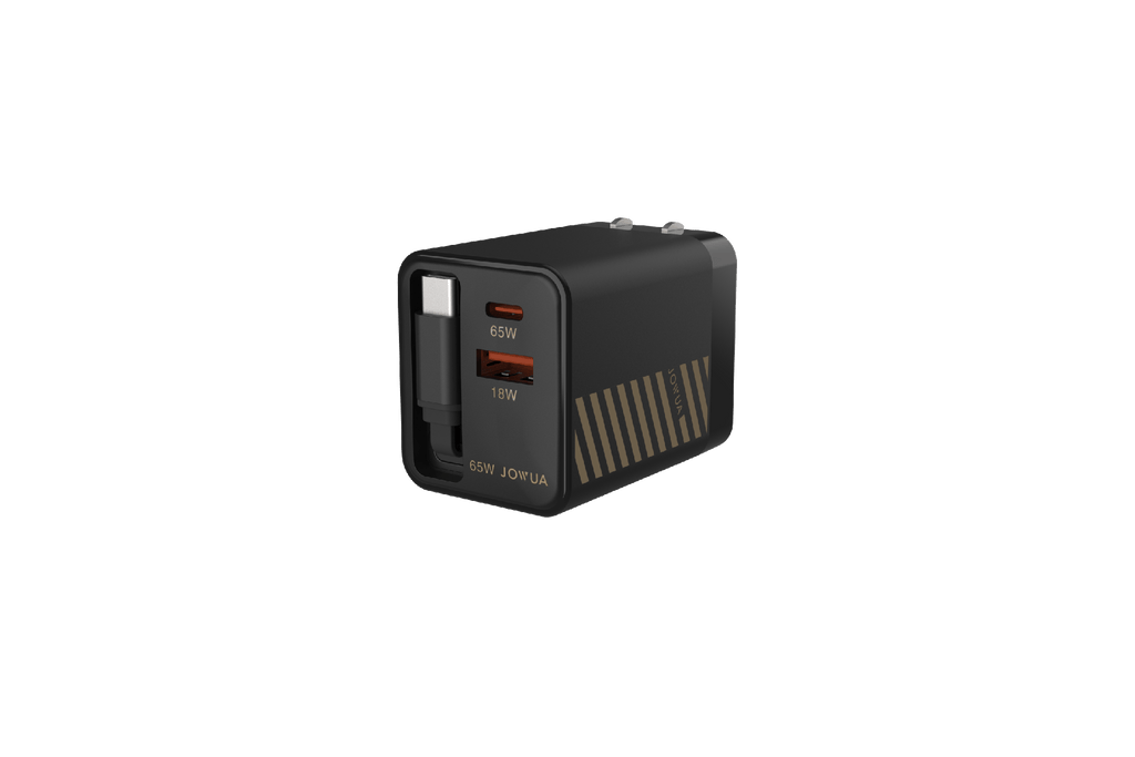 Black 65W GaN fast charger with built-in retractable USB C cable and extra ports