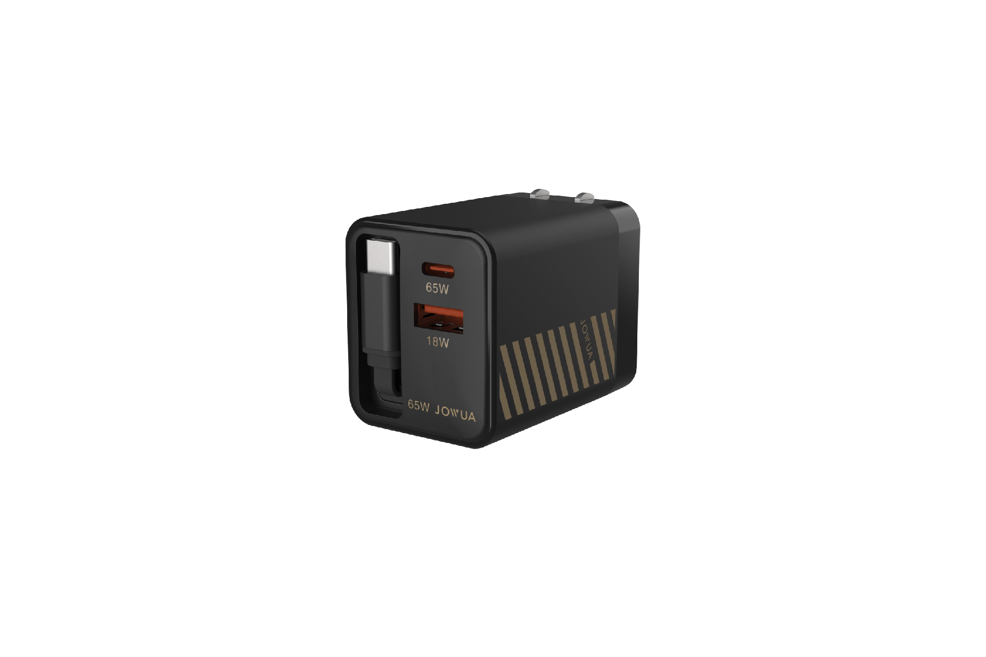 Black 65W GaN fast charger with built-in retractable USB C cable and extra ports