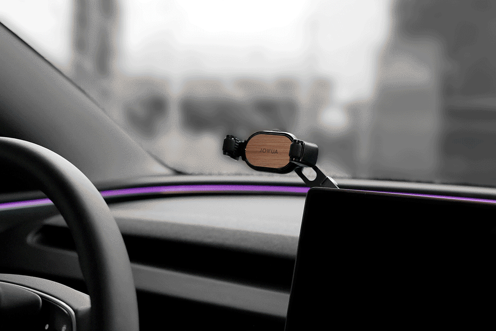 Retractable foldaway car mount with adjustable metal arm and silicone clamp holding a smartphone — view 2