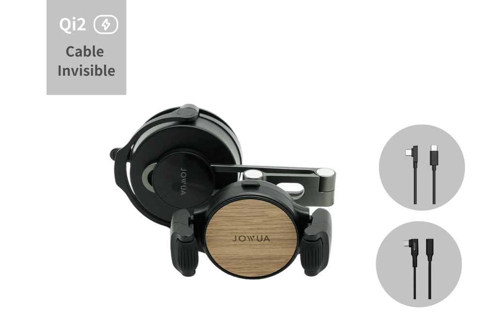 Invisible foldaway Qi2 wireless car charger mounted behind a touchscreen with adjustable metal arm