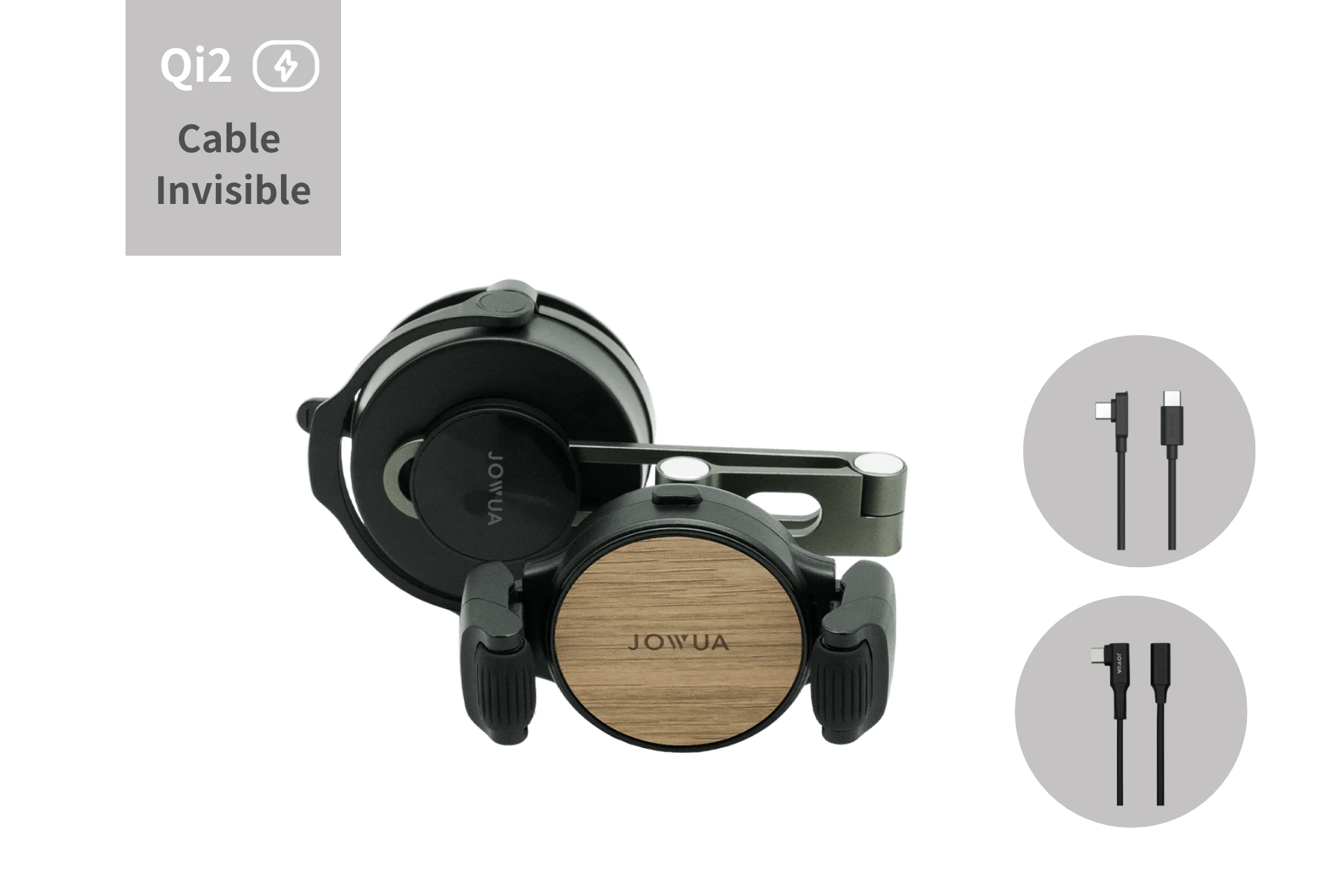 Invisible foldaway Qi2 wireless car charger mounted behind a touchscreen with adjustable metal arm