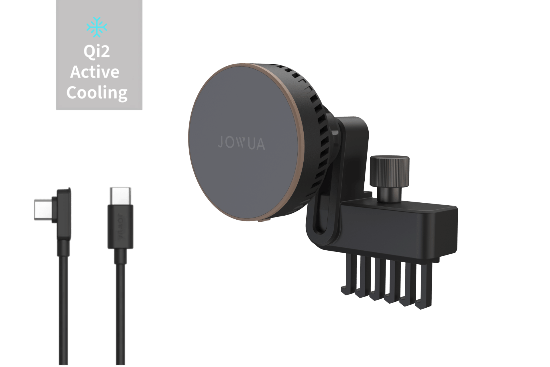 Active cooling MagSafe wireless car mount with vent clip attached to a Tesla dashboard