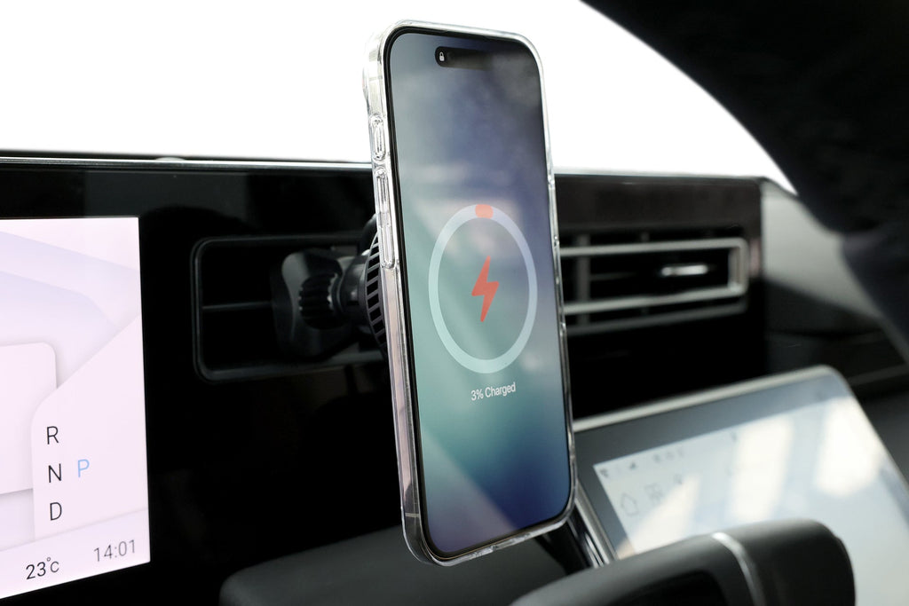Active cooling MagSafe car mount attached to air vent with a smooth silicone surface. — view 4