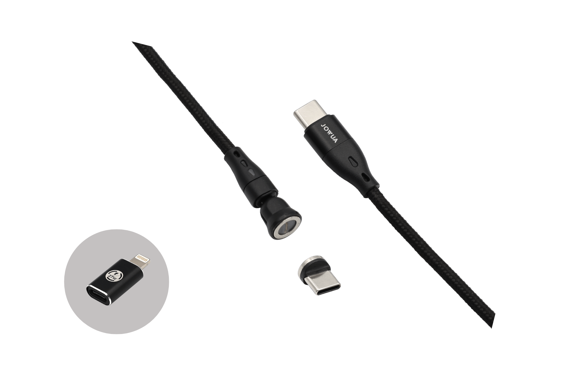 Magnetic USB-C charging cable in black nylon braid with aluminum connector and rotatable head — view 3
