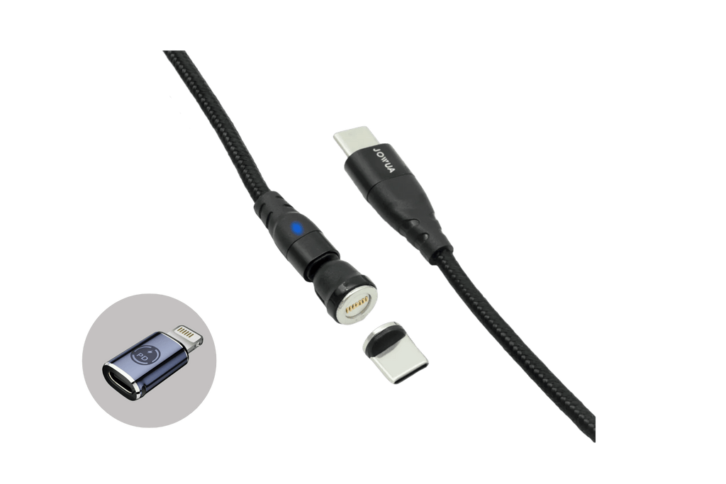 Magnetic USB-C charging cable in black nylon braid with aluminum connector and rotatable head