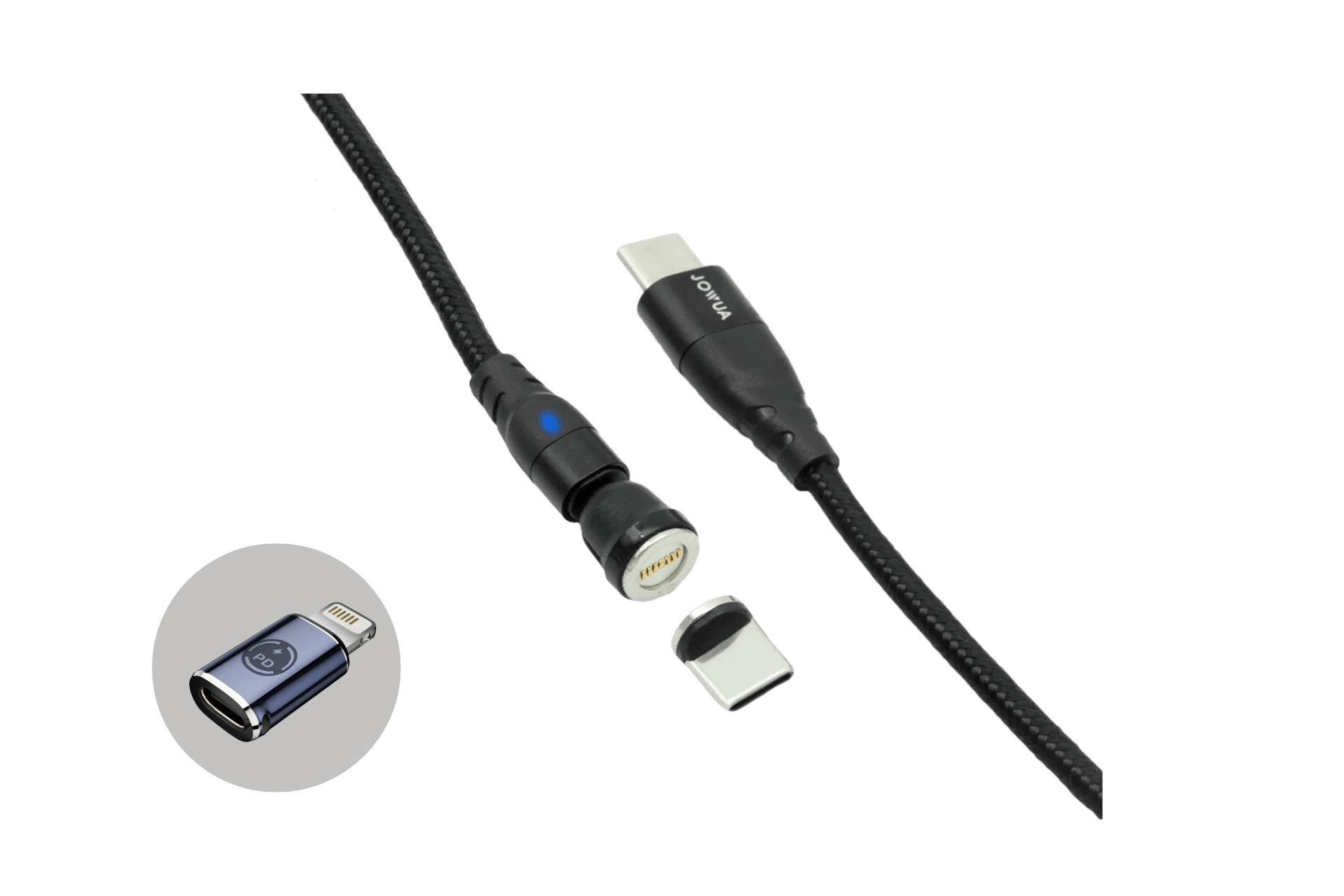 Magnetic USB-C charging cable in black nylon braid with aluminum connector and rotatable head