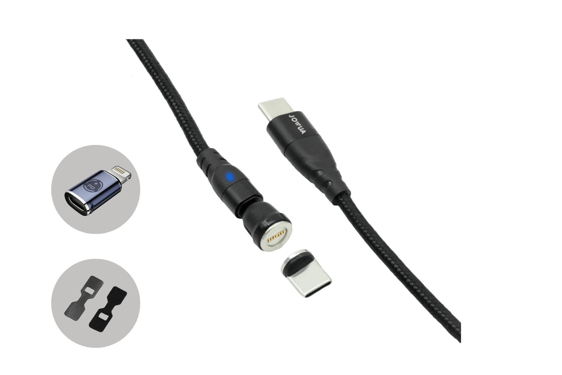 Magnetic USB-C charging cable in black nylon braid with aluminum connector and rotatable head — view 2