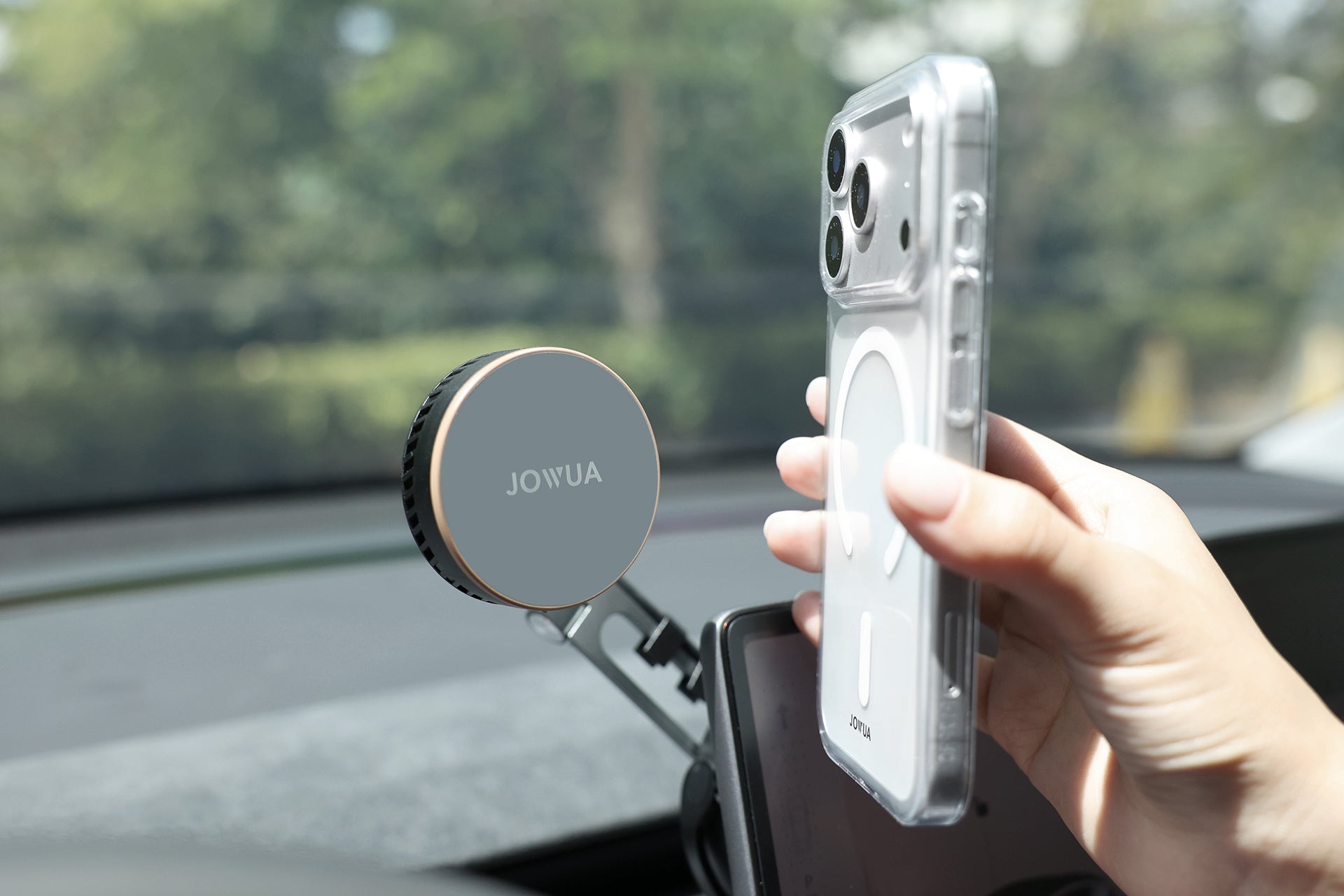 Active cooling car phone mount with premium metal arm and sleek black silicone charging pad — view 3