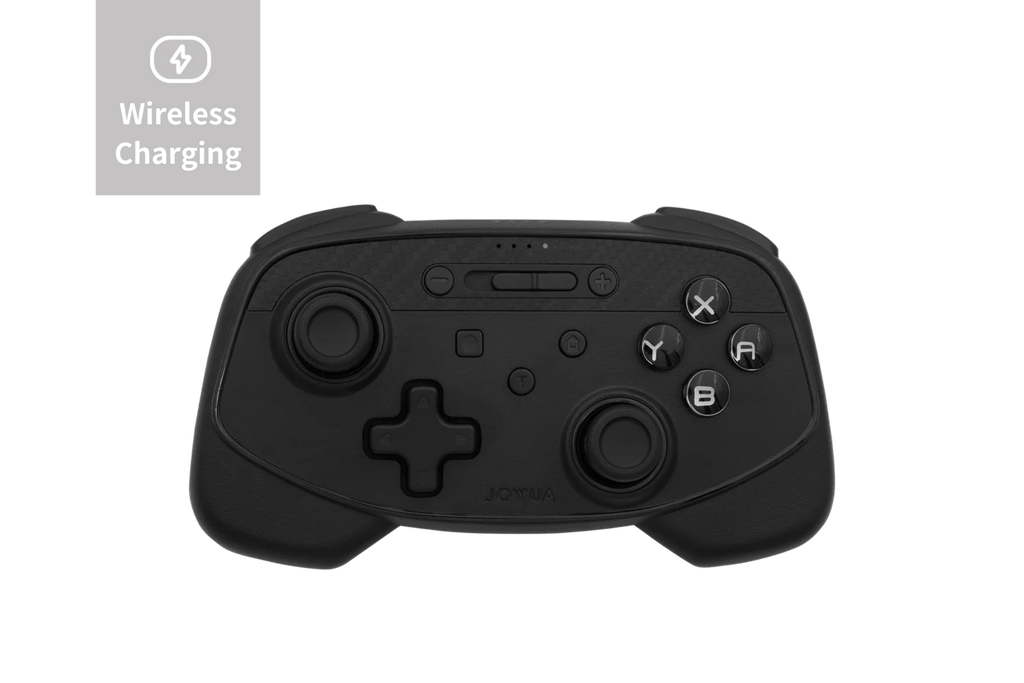 Black multi-device wireless gaming controller for Tesla with dual joysticks and wireless charging capability — view 2