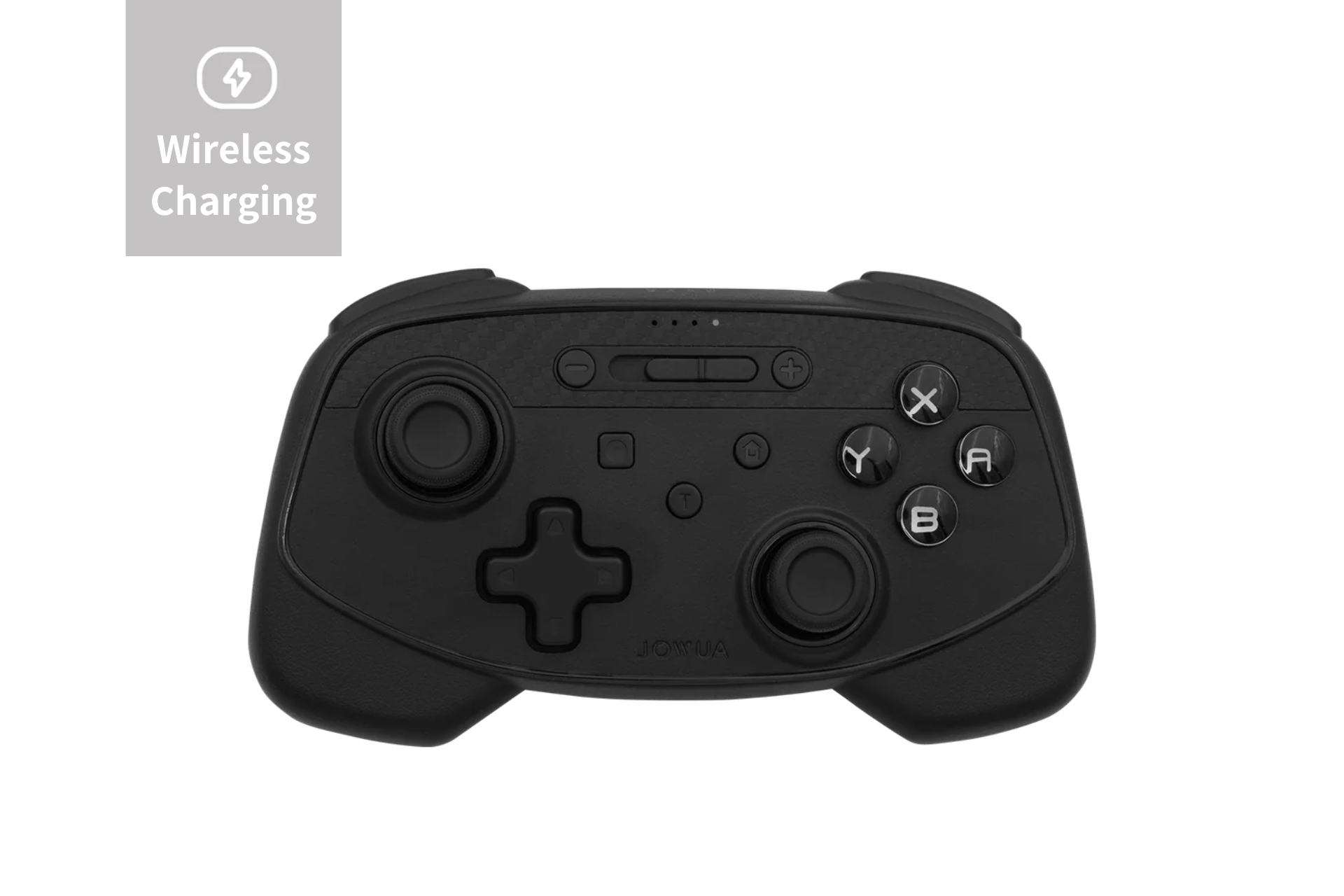 Black multi-device wireless gaming controller for Tesla with dual joysticks and wireless charging capability — view 2