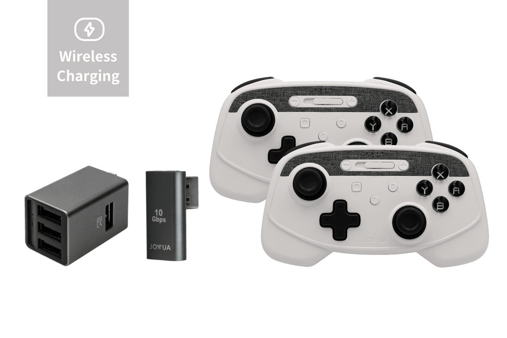 Two wireless game controllers and metallic 4-port USB dashcam hub for Tesla interior — view 2