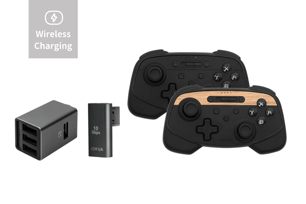 Two wireless game controllers and metallic 4-port USB dashcam hub for Tesla interior