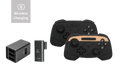 Two wireless game controllers and metallic 4-port USB dashcam hub for Tesla interior