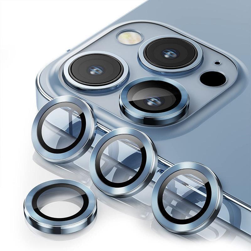 iPhone metal ring camera lens protector with clear tempered glass showing sleek premium edge protection. — view 2