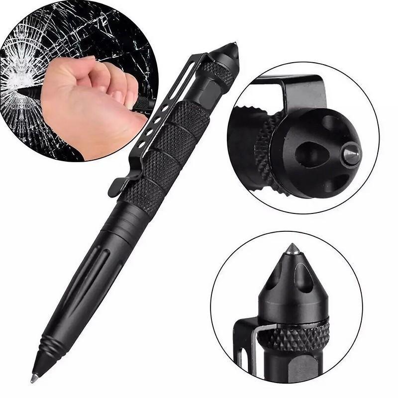 Self defence tactical pen in black aviation aluminium with glass breaker crown and pocket clip — view 5