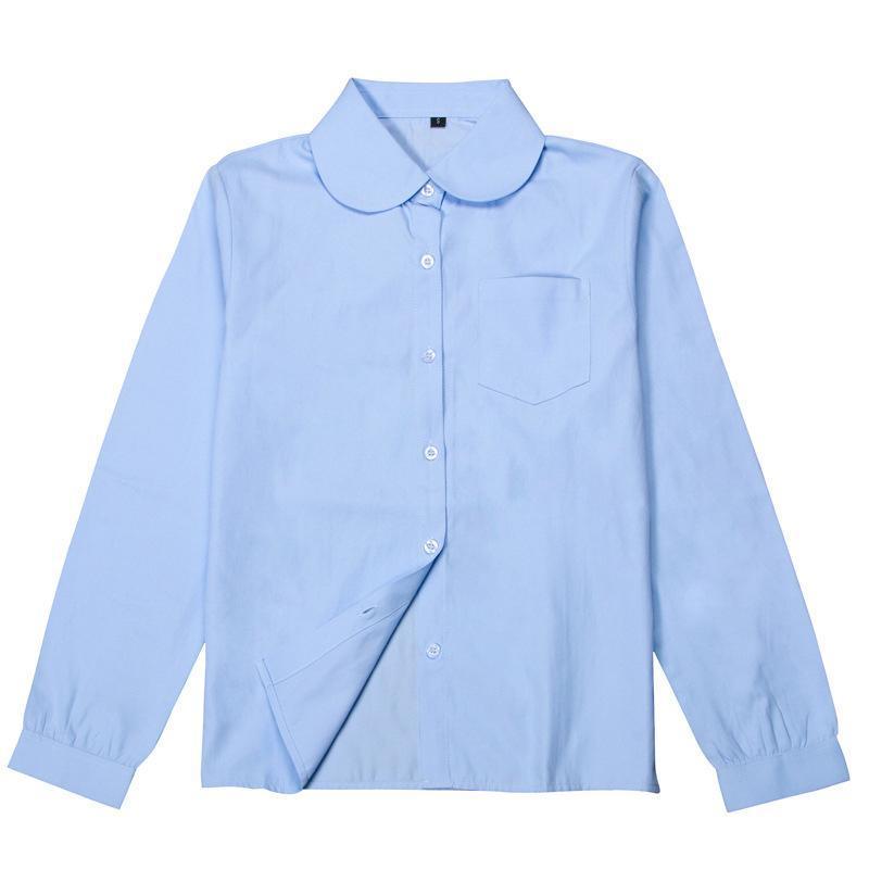 Sky blue girls long sleeve school shirt featuring a classic Peter Pan collar and adjustable cuffs — view 2